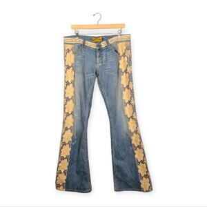Vintage Allen B. Y2K Patchwork Lace Cream Floral Flare Jeans Size 32